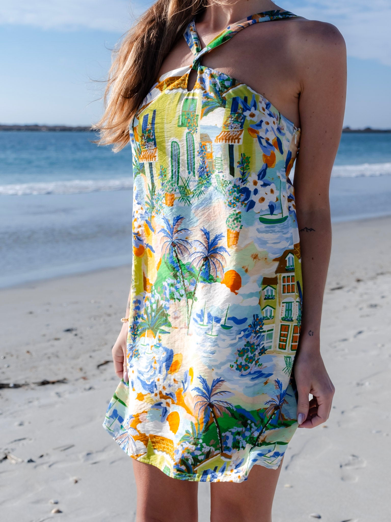 Coastal Town Print Halter Top Short Dress