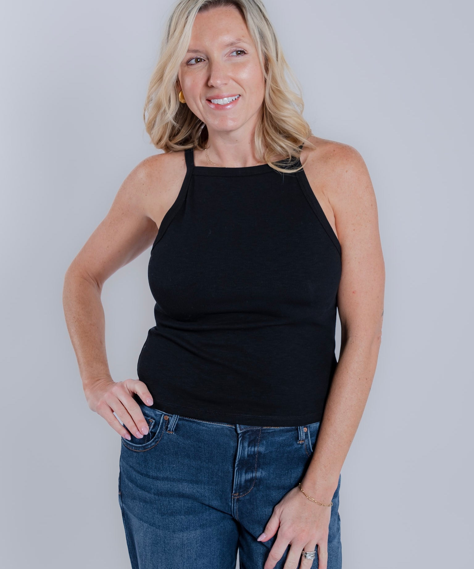 Apron-Neck Basic Ribbed Tank Top