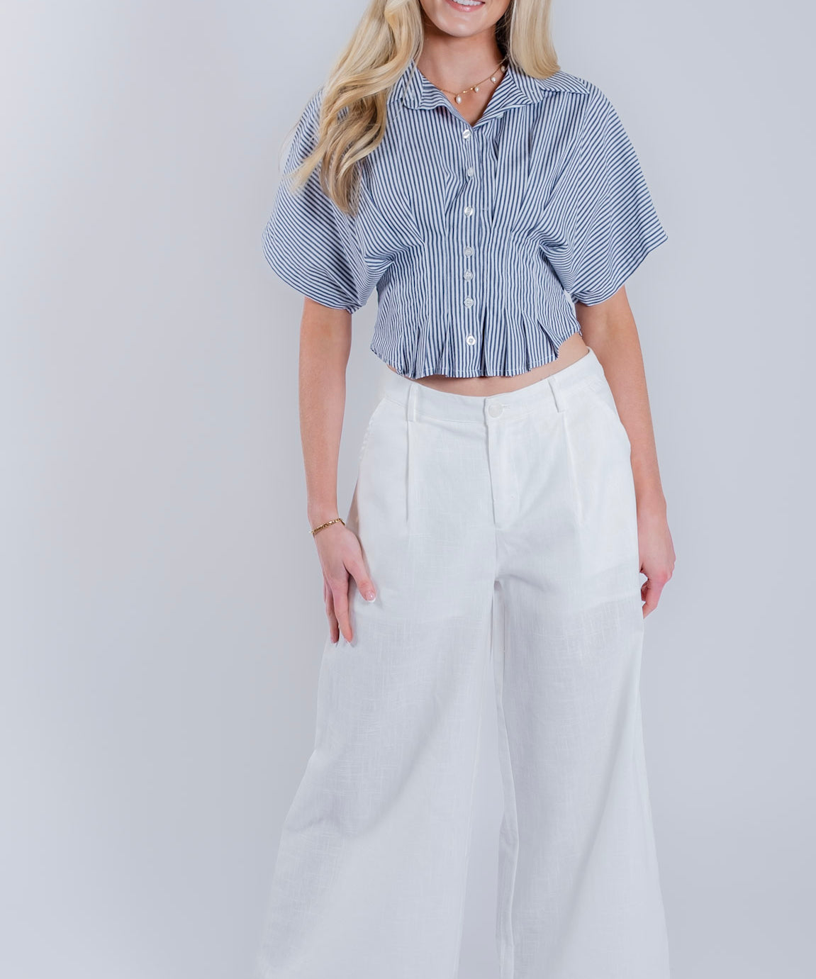 Cinched Waist Button Down Short Sleeve Top