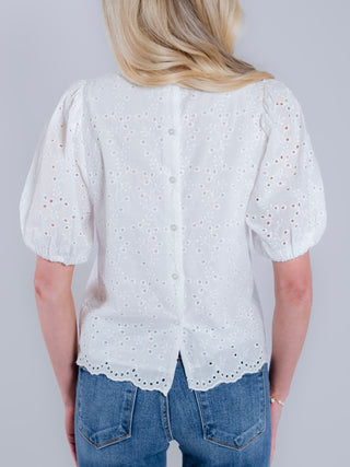 Eyelet-Embroidered Puff Short Sleeve Blouse
