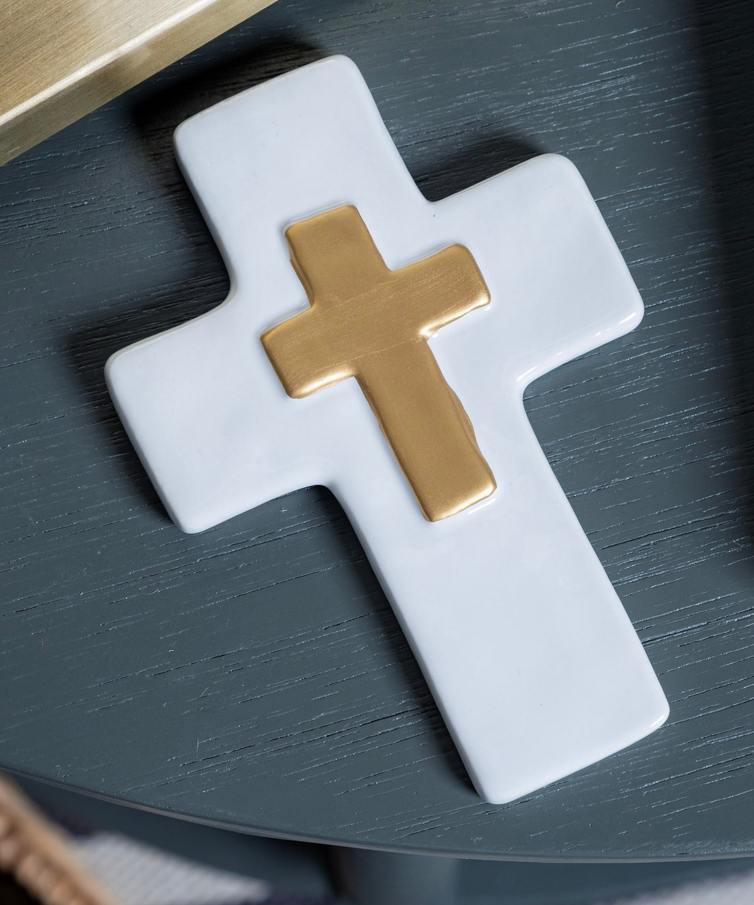 Hand-Painted Ceramic Wall Cross with Gold Gilded Detail - 6x4