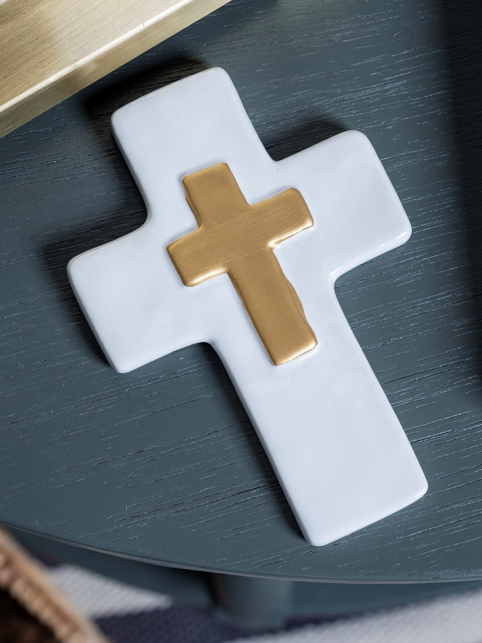 Hand-Painted Ceramic Wall Cross with Gold Gilded Detail - 6x4