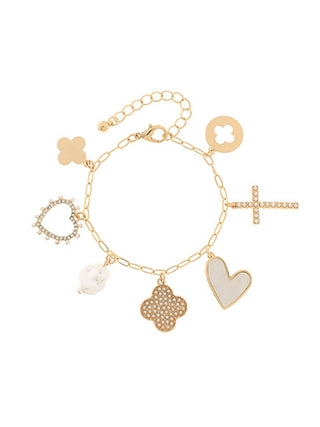 Cross, Clover, & Heart Charm Bracelet