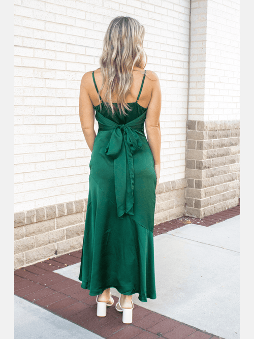 Emerald Satin Hip Slit Midi Dress