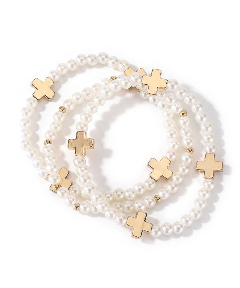 Faith & Pearl Beaded Stretch Bracelet Set with Gold Cross Charms – Religious Gift