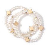 Faith & Pearl Beaded Stretch Bracelet Set with Gold Cross Charms – Religious Gift