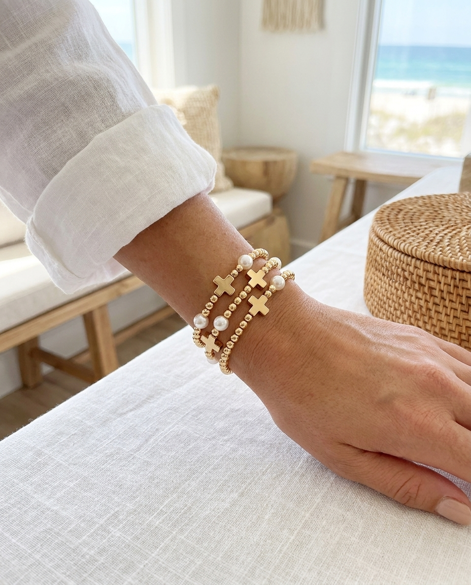 Faith & Pearl Beaded Stretch Bracelet Set with Gold Cross Charms – Religious Gift (detail view 3)