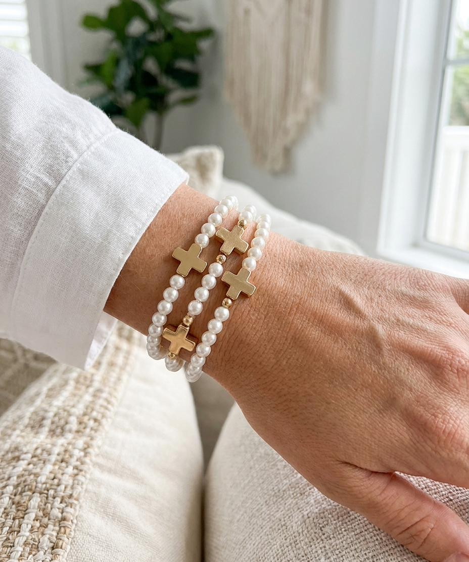 Faith & Pearl Beaded Stretch Bracelet Set with Gold Cross Charms – Religious Gift (detail view 2)