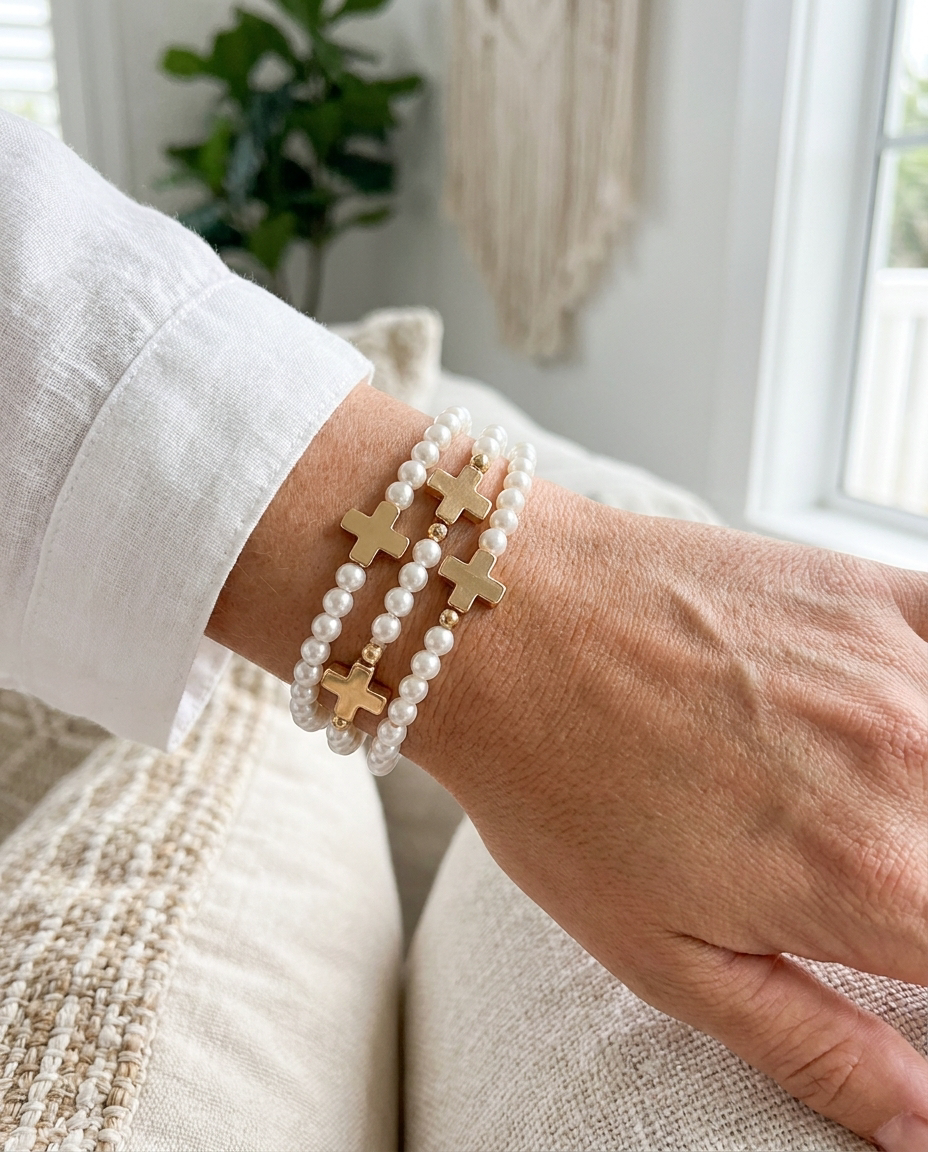 Faith & Pearl Beaded Stretch Bracelet Set with Gold Cross Charms – Religious Gift (detail view 2)