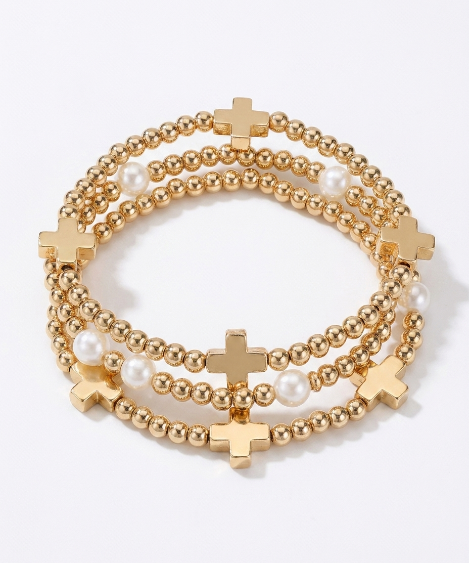 Faith & Pearl Beaded Stretch Bracelet Set with Gold Cross Charms – Religious Gift (detail view 4)
