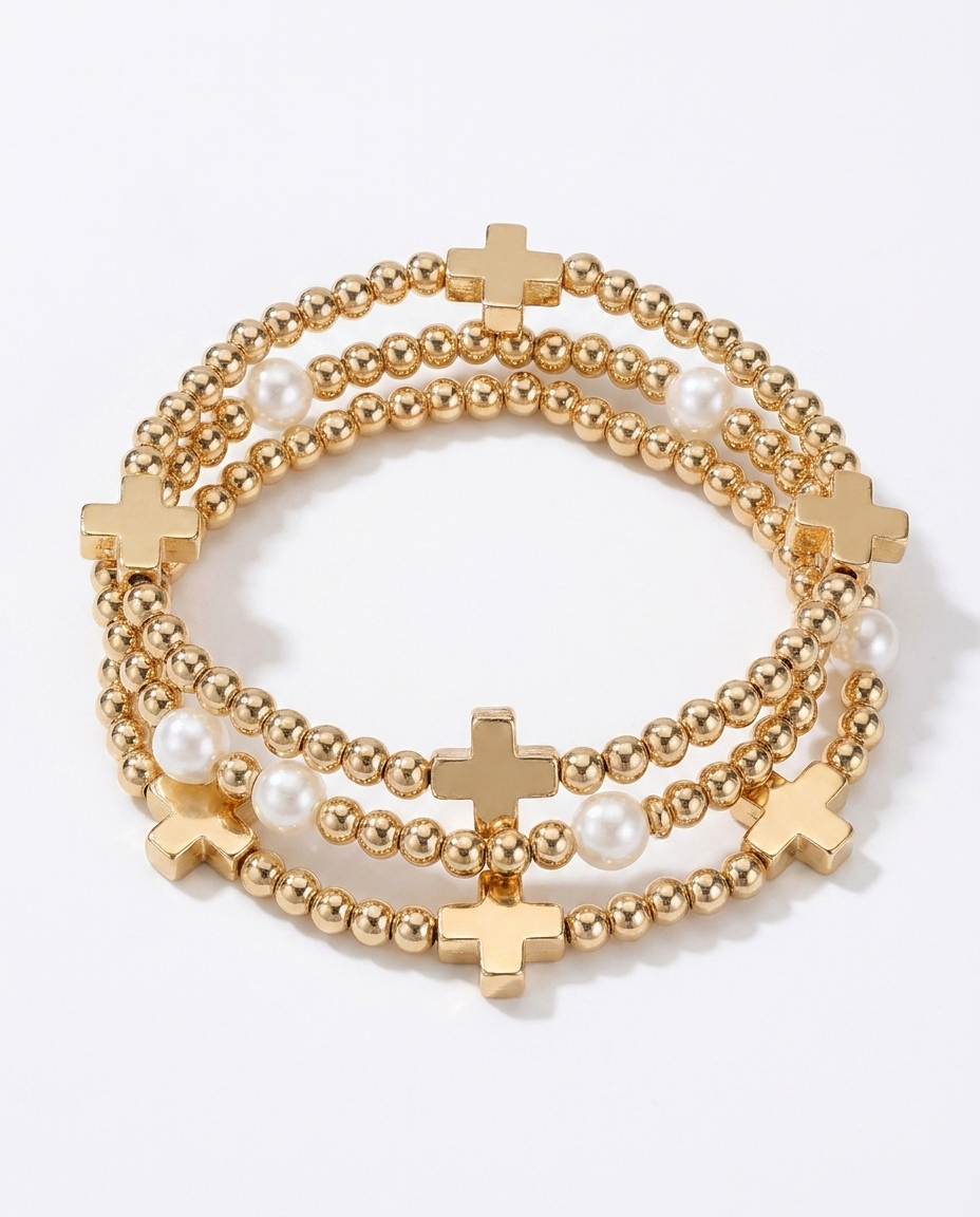 Faith & Pearl Beaded Stretch Bracelet Set with Gold Cross Charms – Religious Gift (detail view 4)