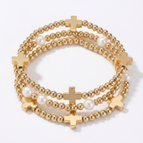 Faith & Pearl Beaded Stretch Bracelet Set with Gold Cross Charms – Religious Gift (detail view 4)