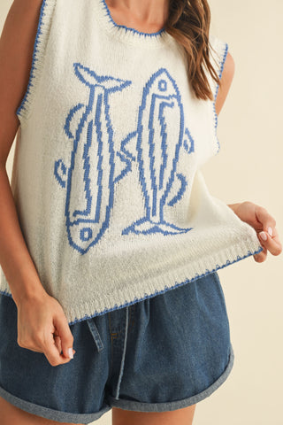Fish Printed Sleeveless Sweater Top