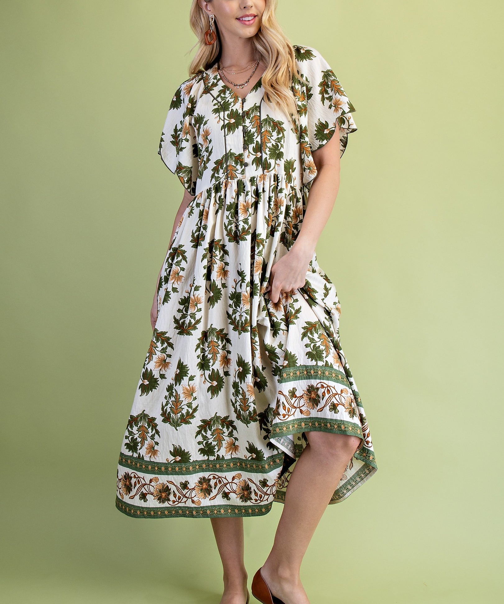 Floral Fall Printed V-Neck Midi Dress