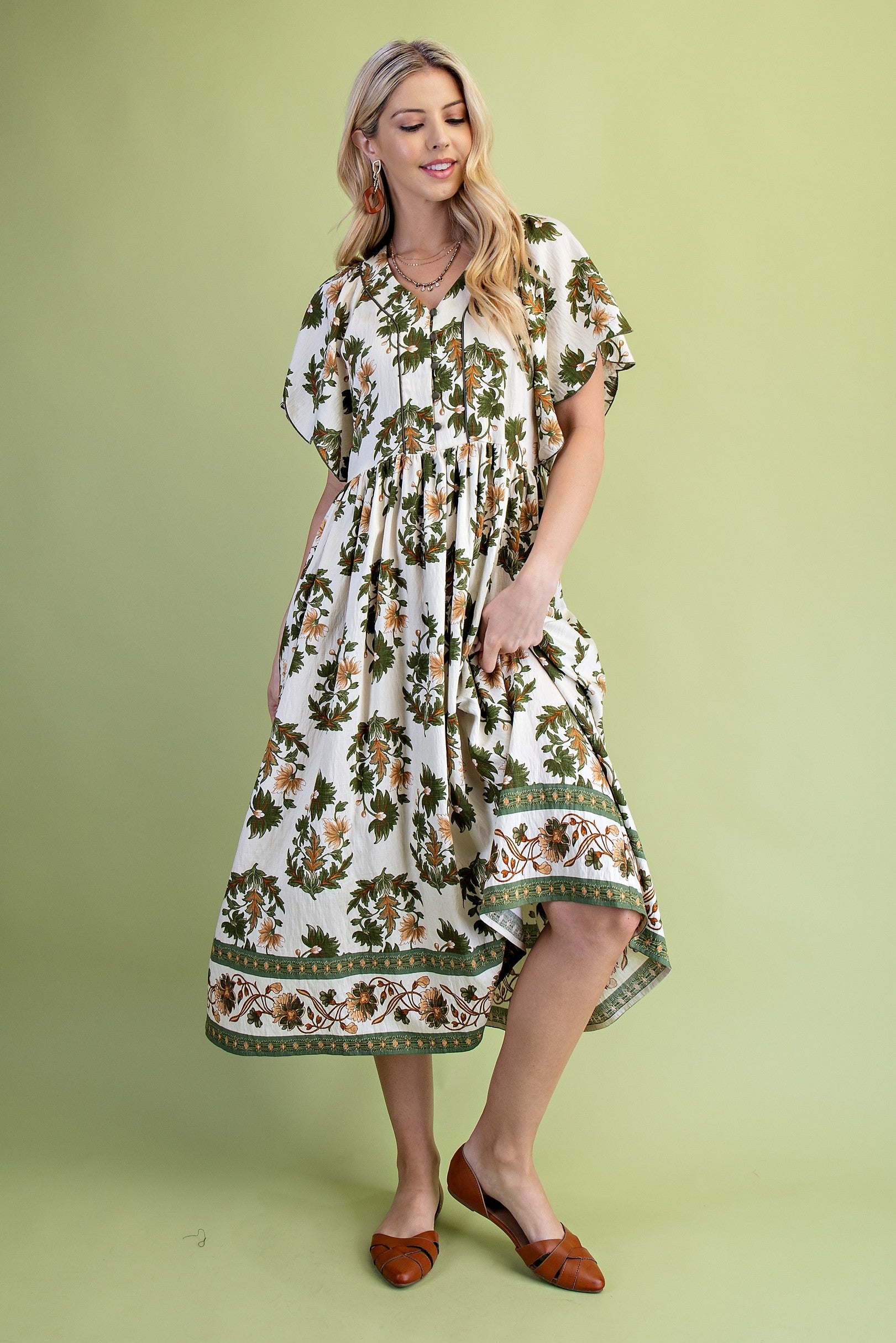 Floral Fall Printed V-Neck Midi Dress