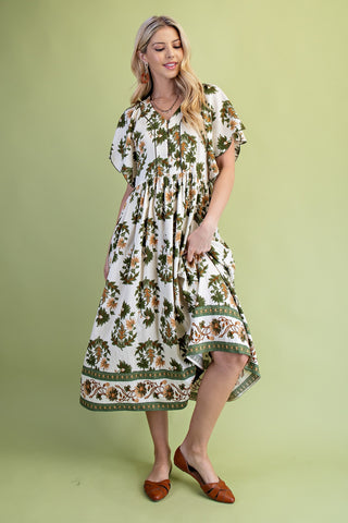 Floral Fall Printed V-Neck Midi Dress