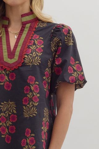 Floral Print Bubble Sleeve Top with Multicolor Accent V-neck Band Collar