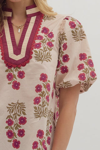 Floral Print Bubble Sleeve Top with Multicolor Accent V-neck Band Collar
