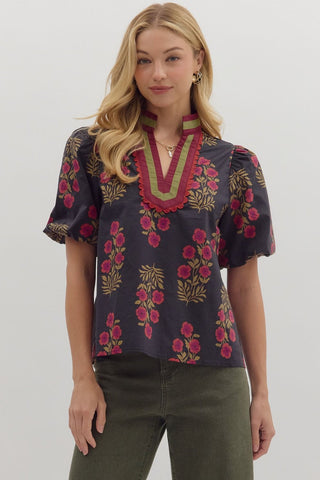 Floral Print Bubble Sleeve Top with Multicolor Accent V-neck Band Collar