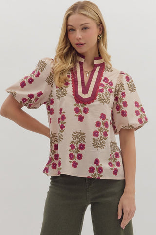 Floral Print Bubble Sleeve Top with Multicolor Accent V-neck Band Collar