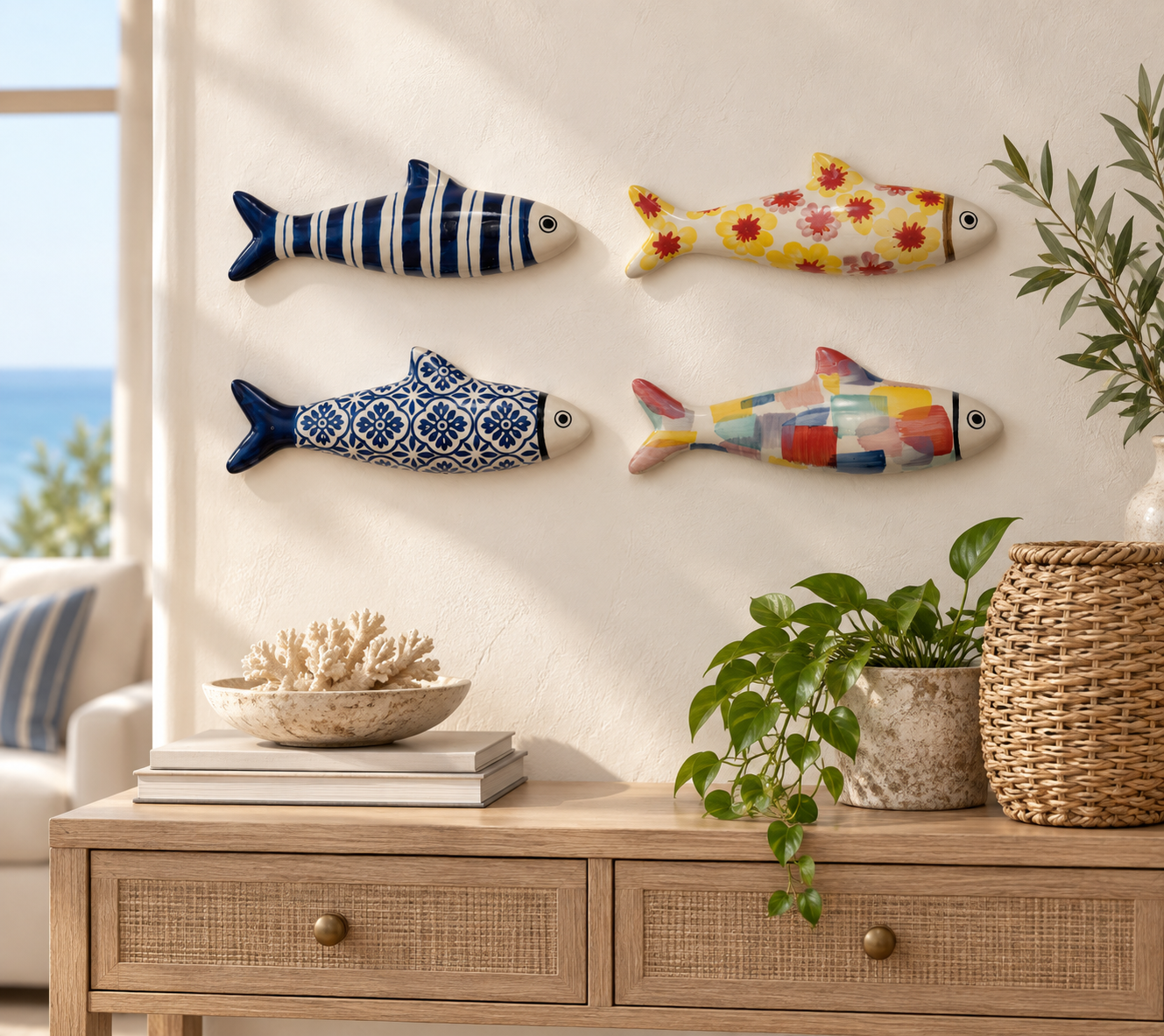 Four hand-painted stoneware fish displayed together on a cream wall above a wood console