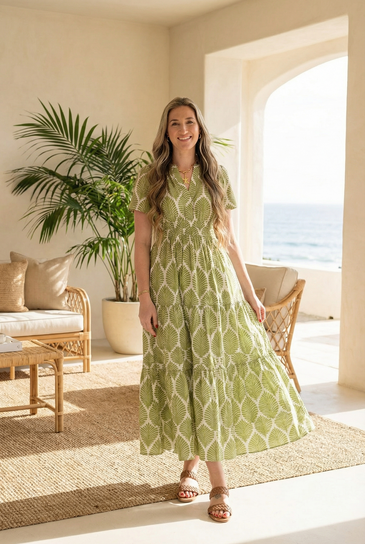 green palm maxi dress V-Neck Edit:Christmas