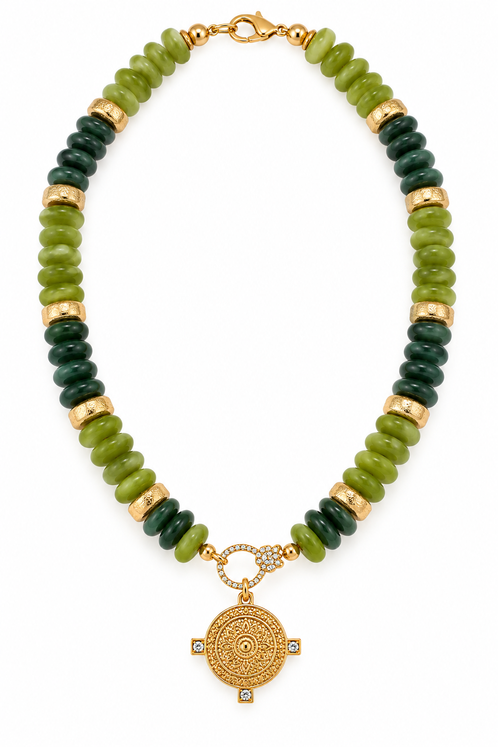 Green coastal medallion beaded necklace featuring olive and dark forest green acrylic rondelle beads, textured gold-tone spacers, and an ornate gold medallion pendant, 17 inches long.