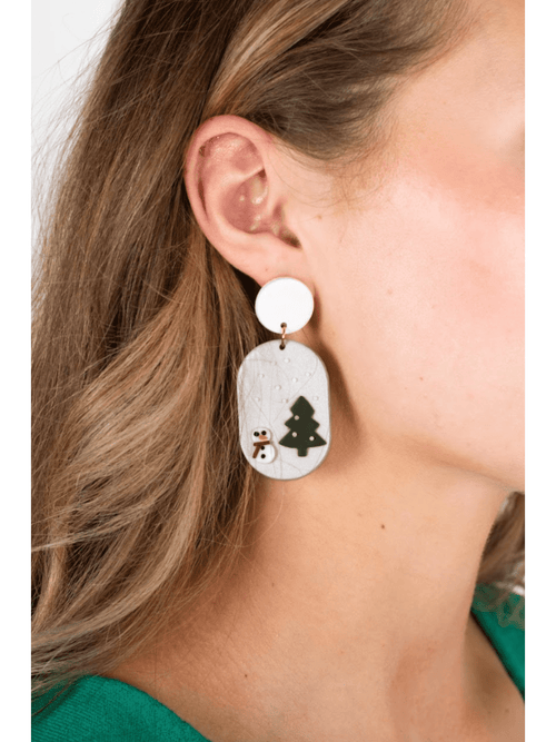 Gray Snowman and Tree Earrings