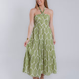 Green Palm Halter Neck Midi Dress