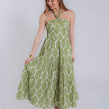 Green Palm Halter Neck Midi Dress