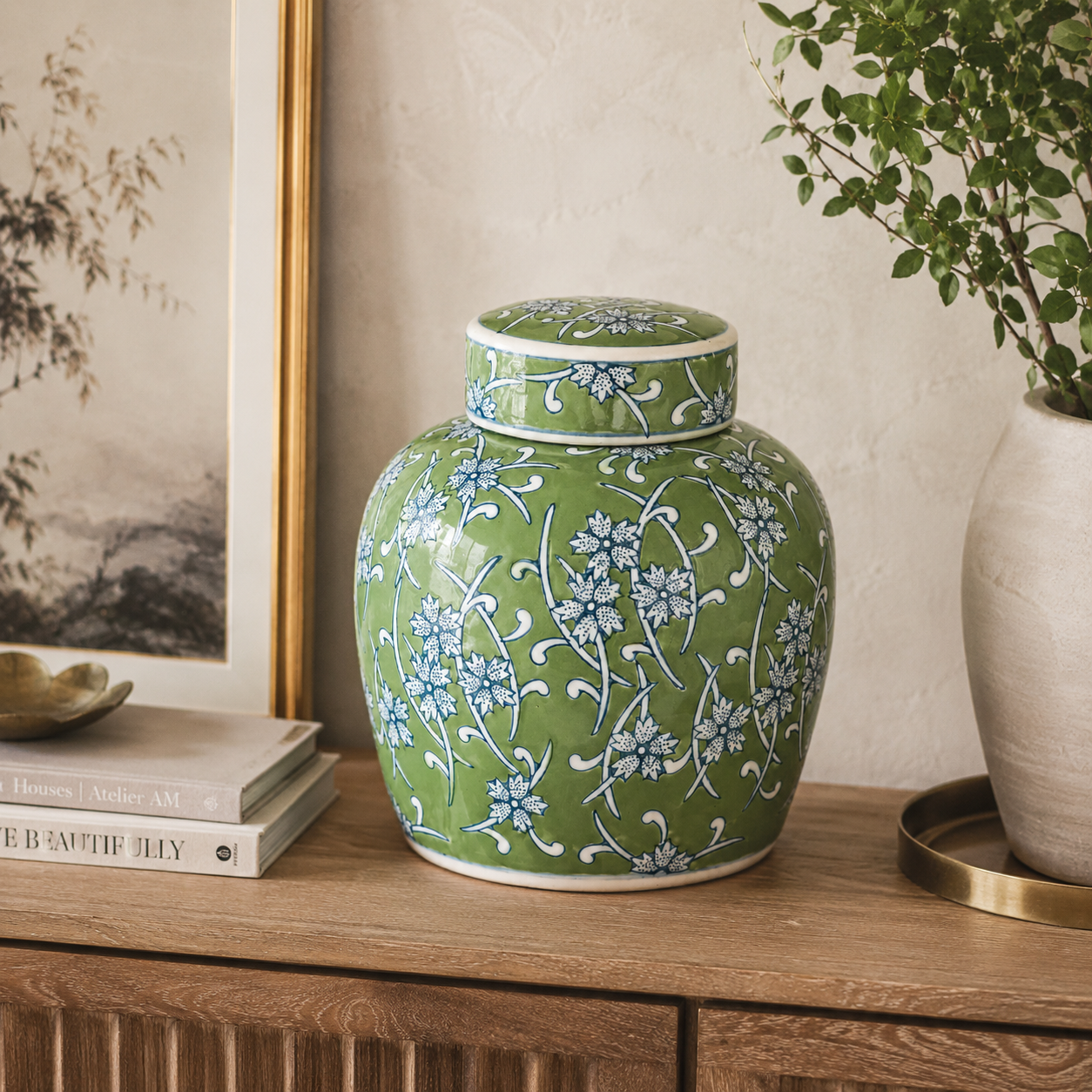 Green Floral Ginger Jar – Decorative Green Ceramic Ginger Jar for Home