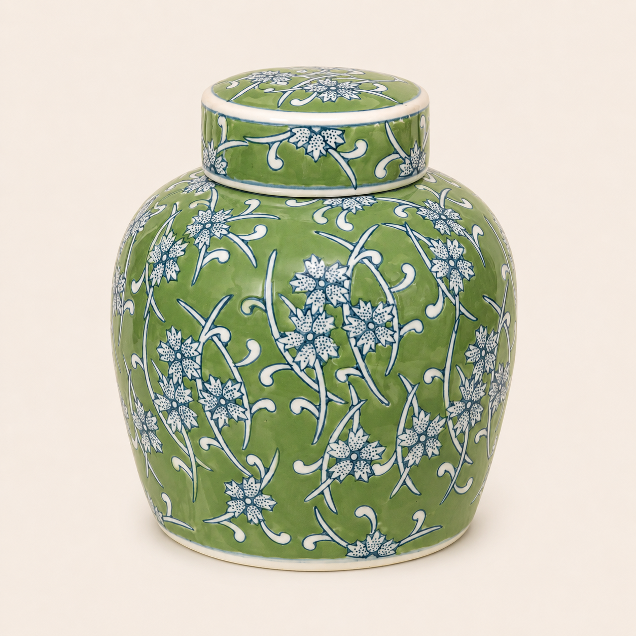 Green Floral Ginger Jar – Decorative Green Ceramic Ginger Jar for Home (detail view 2)