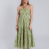Green Palm Halter Neck Midi Dress