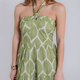 Green Palm Halter Neck Midi Dress