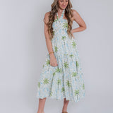PREORDER: White Palm Halter Neck Midi Dress— Ships Late June/Early July