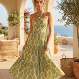 PREORDER: Green Palm Halter Neck Midi Dress— Ships Late June/Early July