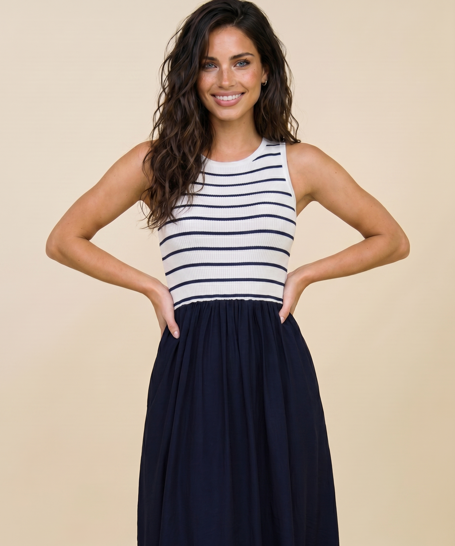 Harbor Stripe Mixed Media Midi Dress