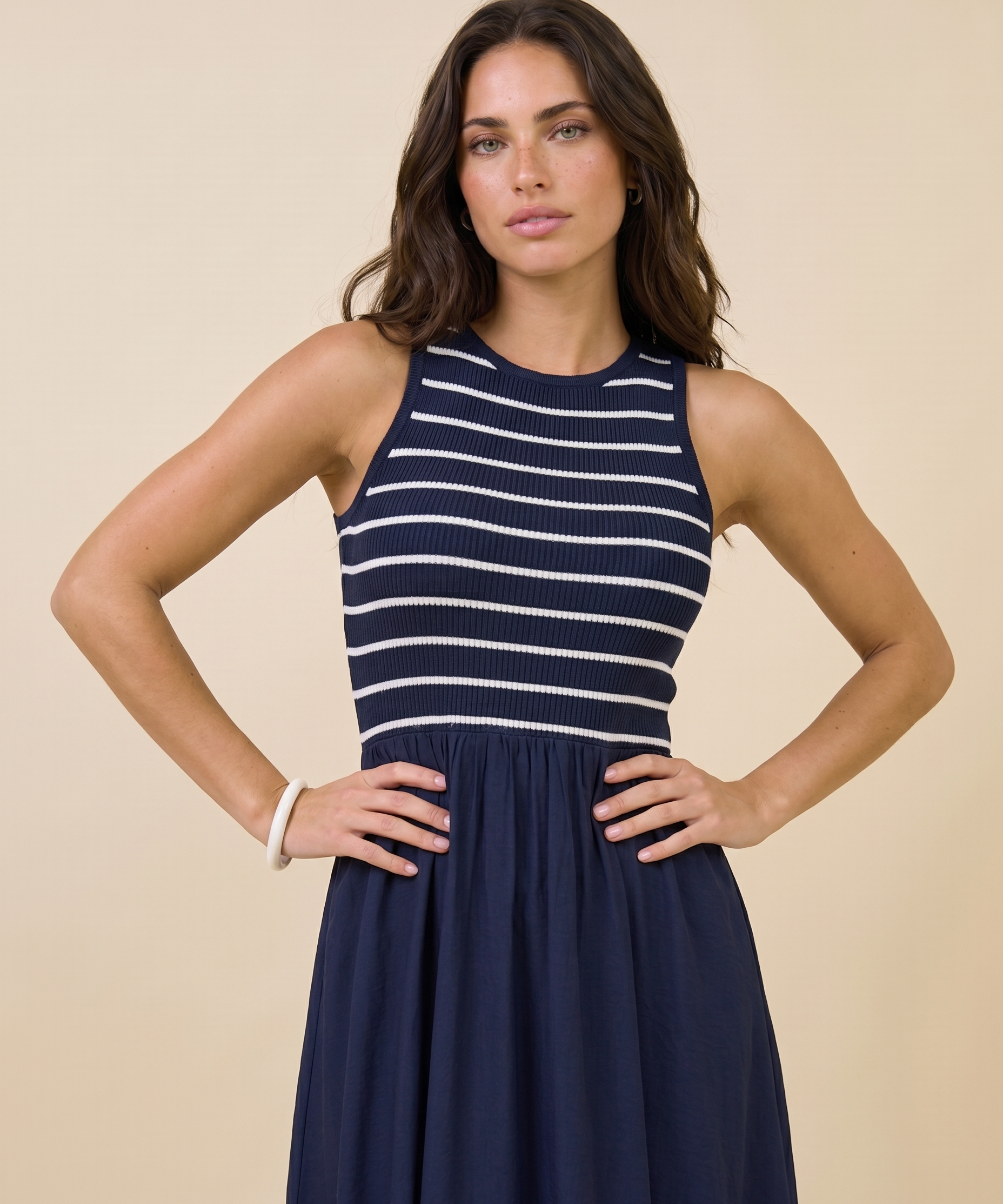 Harbor Stripe Mixed Media Midi Dress