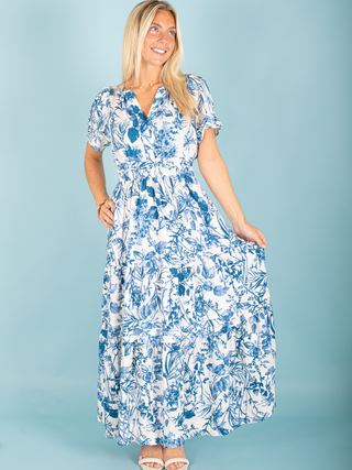 Blue and White Floral V-Neck Tiered Dress