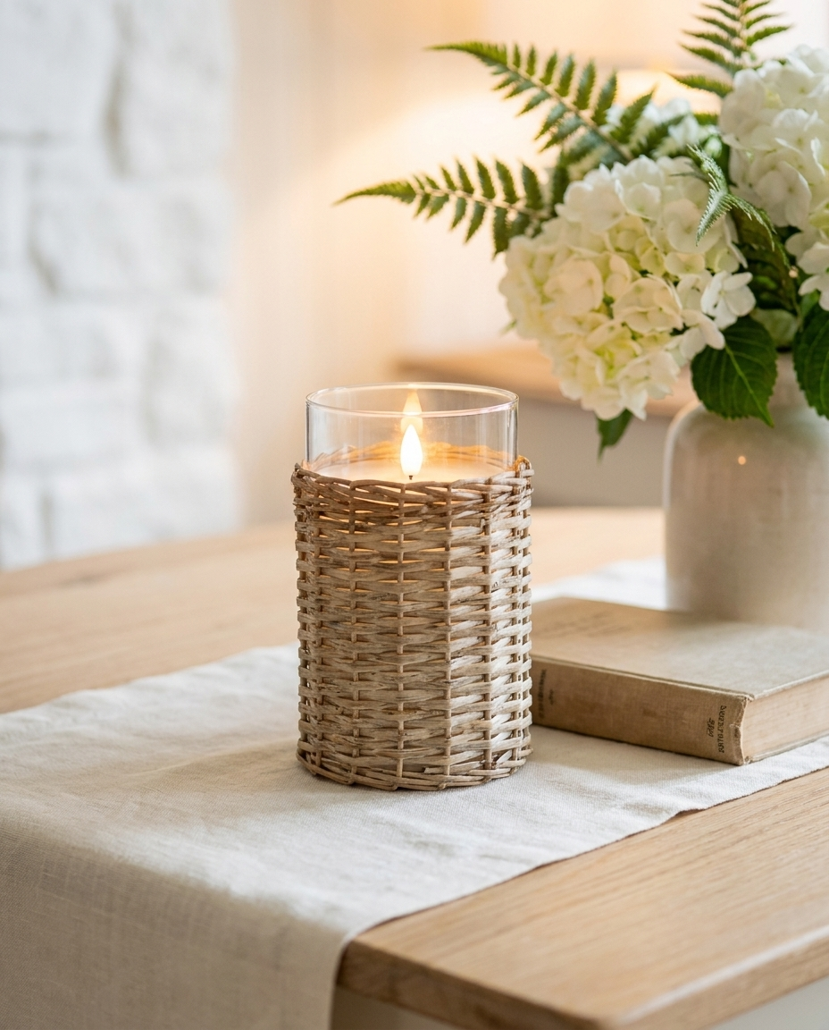 LED Glass Wicker Candle – Coastal Decorative Glass Wicker LED Candle for Home (detail view 3)