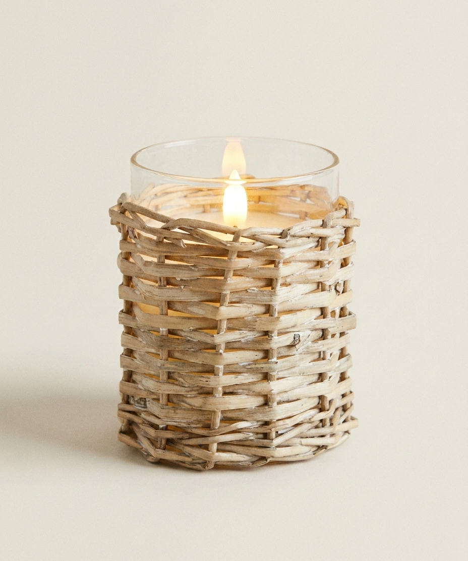 LED Glass Wicker Candle – Coastal Decorative Glass Wicker LED Candle for Home