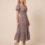 Mocha Plaid Corset Tiered Midi Dress