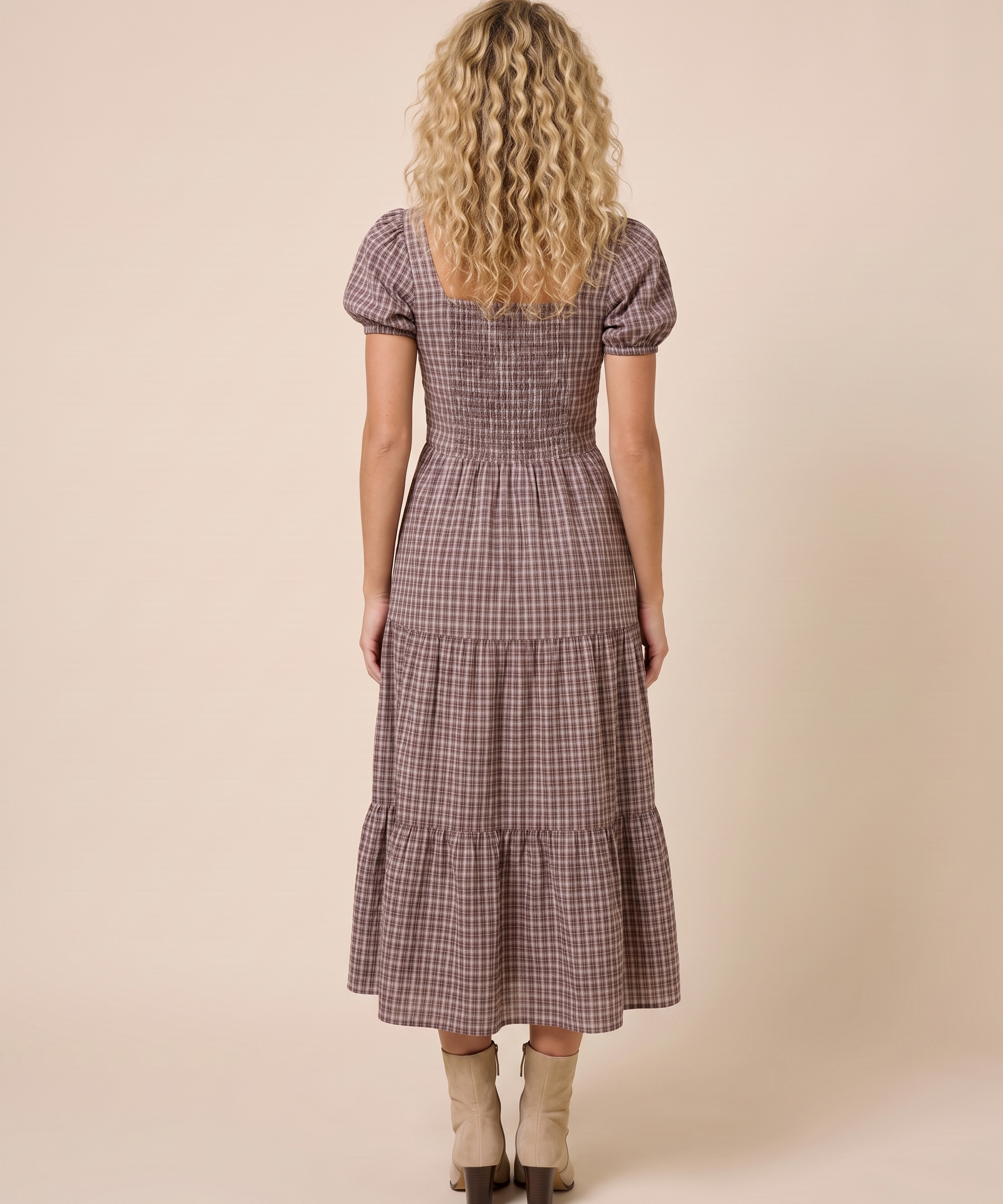 Mocha Plaid Corset Tiered Midi Dress