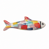 Hand-painted stoneware fish with colorful abstract brushstrokes on a white background
