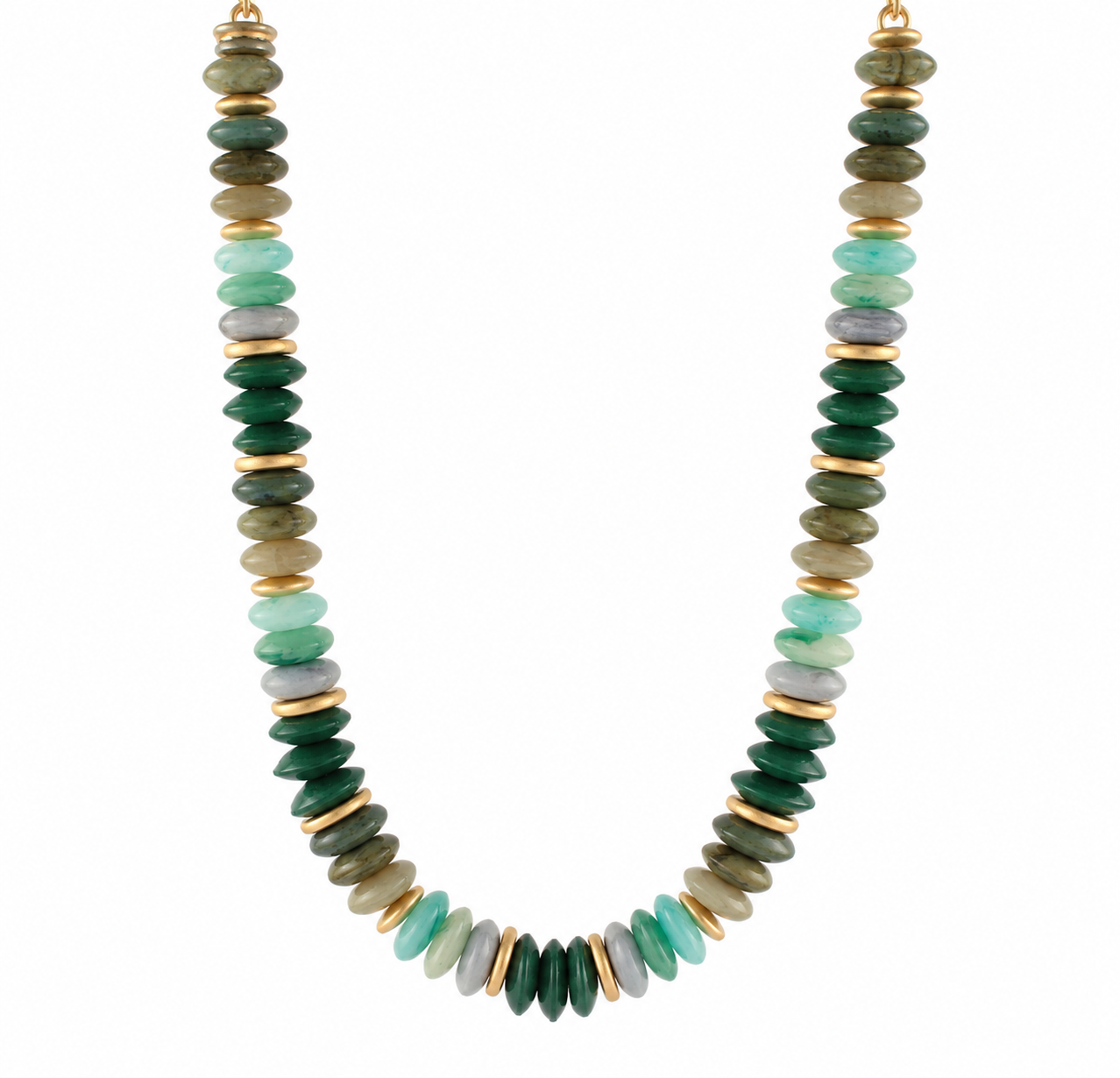 Green multi-shape acrylic beaded necklace featuring forest green, mint, aqua and olive beads with gold-tone spacers.