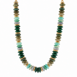 Green multi-shape acrylic beaded necklace featuring forest green, mint, aqua and olive beads with gold-tone spacers.