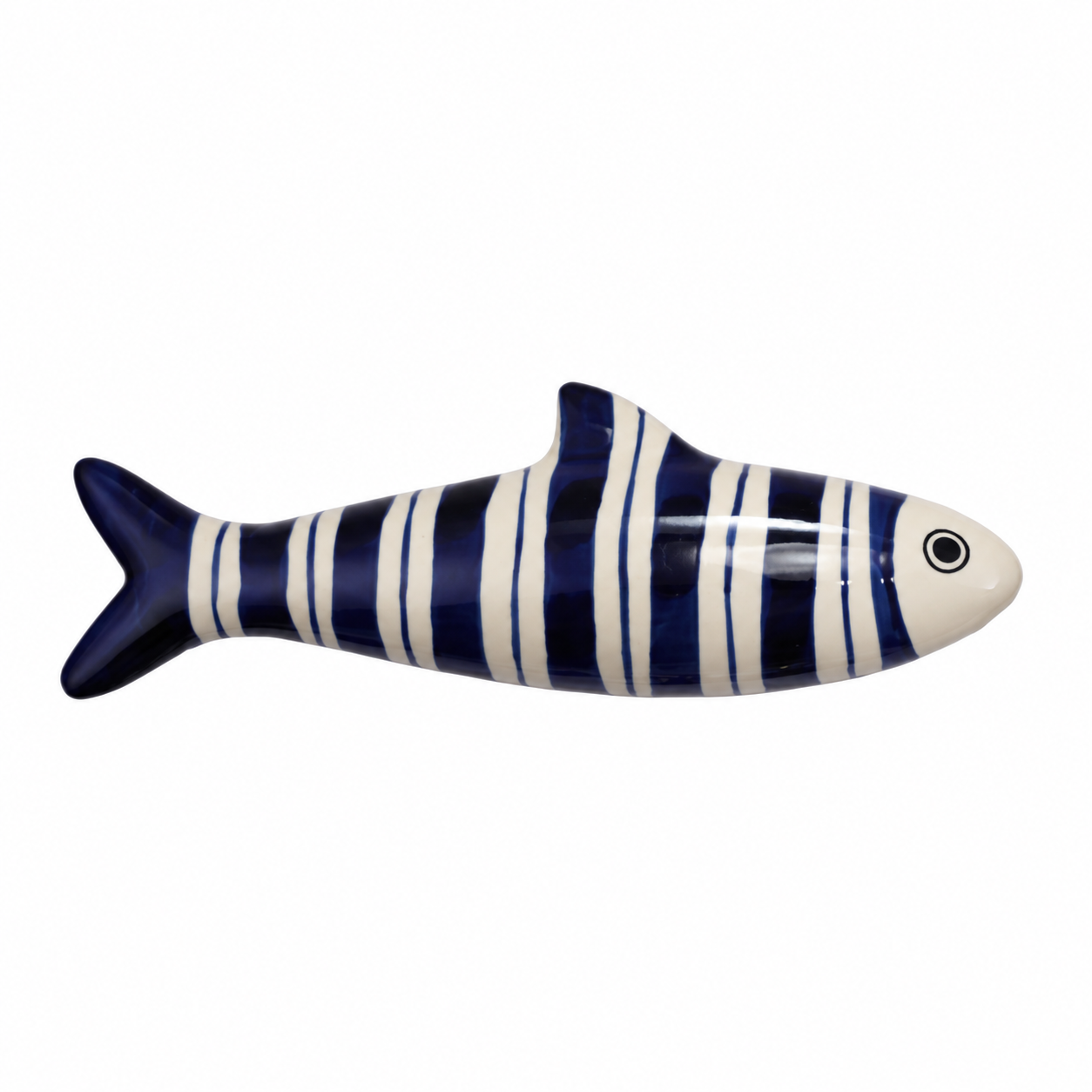 Hand-painted navy and white striped stoneware fish on a white background