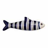 Hand-painted navy and white striped stoneware fish on a white background