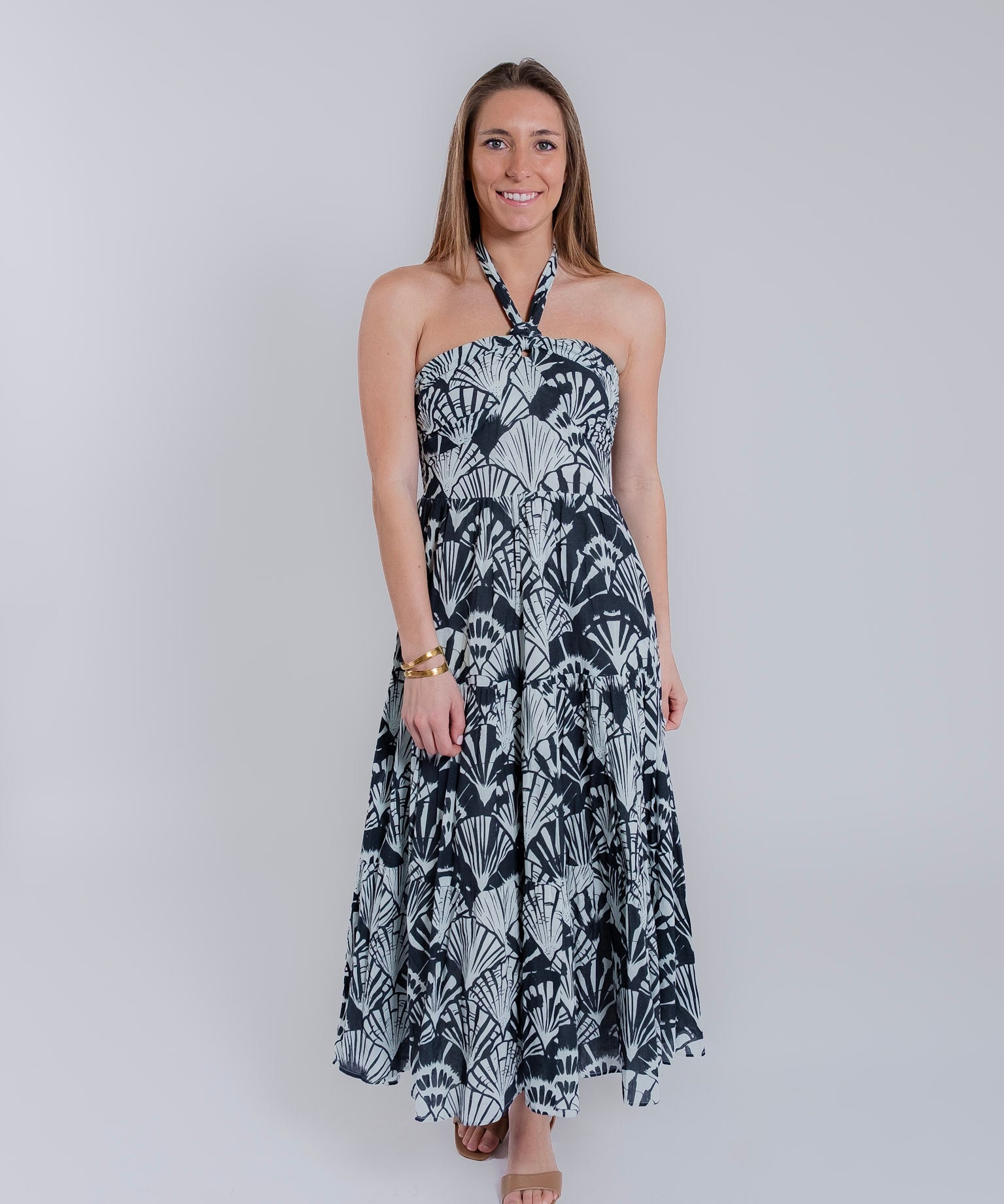 Navy Shell Halter Neck Midi Dress