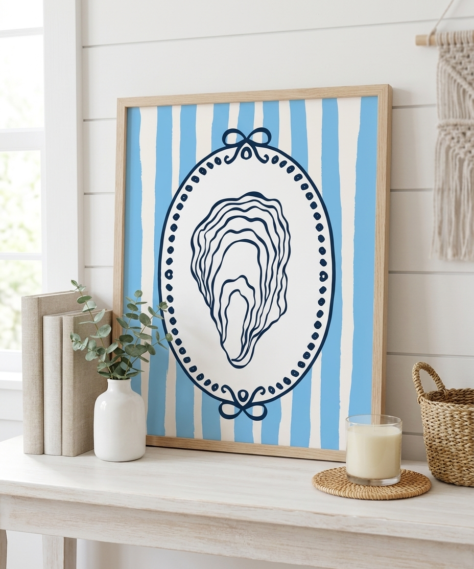 Blue and White Oyster Stripe Coastal Wall Art Print – 8x10 Coastal Home Decor